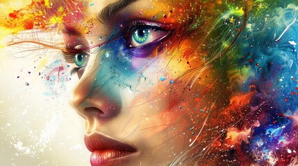 Colorful Artistic Portrait, A stunning artistic portrait featuring a woman's face surrounded by a vibrant explosion of colors. 