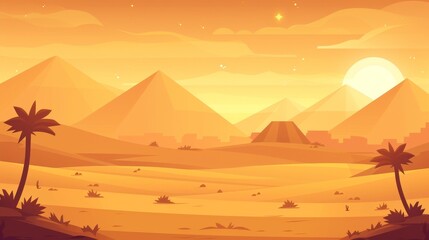 Desert sunset with pyramids, palm trees, sand dunes, oasis, ancient structures, evening sun, warm light, Egypt, landscape concept