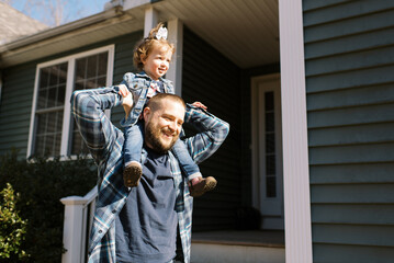 happy family outdoors at home in yard