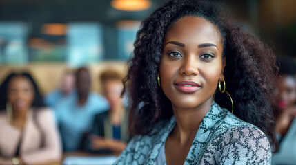 beautiful black business woman in her late thirties with long curly hair, sitting at the table and looking into camera while group people having meeting behind her, blurred background