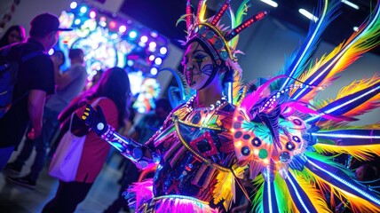 A person wearing a vibrant, illuminated costume with LED lights and colorful feathers at a festival.