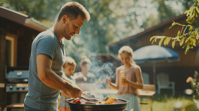 Father barbecues in the backyard. Mom and children in the background are setting the table. Holiday and weekend concept. - Powered by Adobe