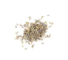 Dry lavender flowers isolated, scattered lavandula perfume buds, petals, fragrance lilac blossoms, herbs