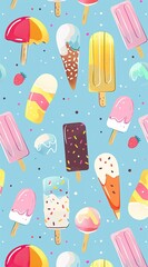 Ice cream pattern. Summer street food, snacks. Cone waffle with filling, ice cream balls in cup, ice cream in cone. Flat cartoon style background. High quality AI generated image