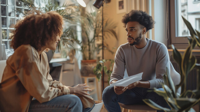 Researcher conducting a follow-up interview with a trial participant, warm and professional setting, bottom third copy space