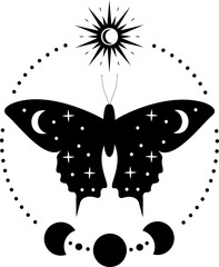 Mystical Occult Moth Silhouette with Stars, Moon, Sun, Planets. Western Esotericism. Tarot Card Back Design. Celestial Elements. Witchy Alchemy Wall Art Decor. Butterfly Design