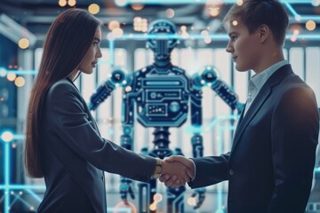 Stylized image of two individuals shaking hands, overlaid with digital coding patterns and vibrant light. AIG62