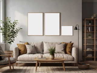 Retro style in beautiful living room interior with grey empty wall