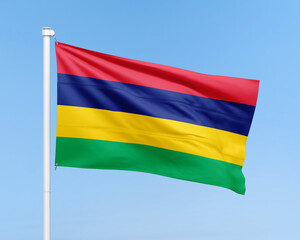 Mauritius flag on stick on sky background. Realistic flag illustration