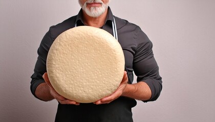   cheese maker holding a large round  of cheese  
