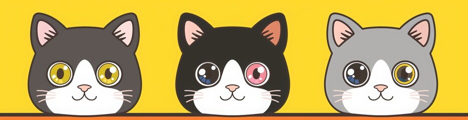 White, black and gray cat head icon set on a yellow background. A cute cartoon character with a pink nose, ears, eyes, mouth and smiling expression. A kawaii pet animal. kids wallpaper, print t-shirs