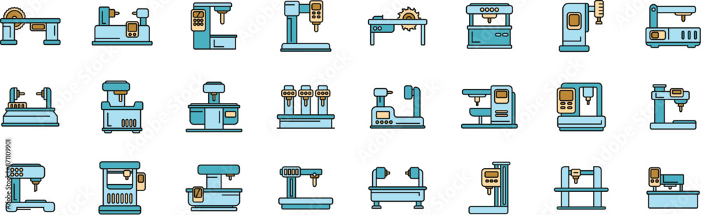 Poster cnc machine icons set outline vector. mill controller. router tool thin line color flat on white