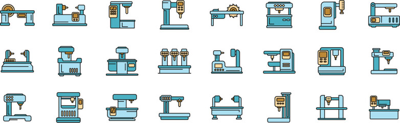 Cnc machine icons set outline vector. Mill controller. Router tool thin line color flat on white