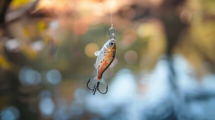 An eye-catching image of a fish featuring orange spots, captured hanging from a fishing hook over a blurred background, presenting the charm and relaxation associated with recreational fishing.