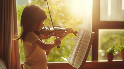 Sunlit scene of a child immersed in violin practice at home.