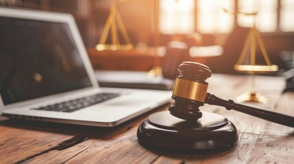Judge s gavel on table near laptop with empty space for text