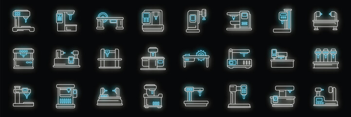 Cnc machine icons set outline vector. Mill controller. Router tool neon color on black