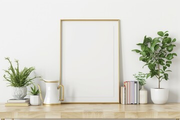 Horizontal Picture Frame Mockup on Table with Decor, White Wall Background