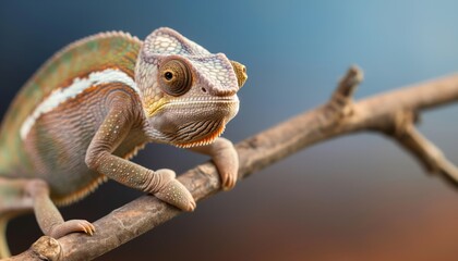 Obraz premium A chameleon with its eyes focusing intently, perched on a branch in the wild. Its vibrant colors and detailed textures stand out strikingly against the background.