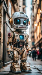 Cute robot on a busy city street, retro futuristic style