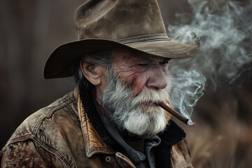 Fototapeta premium Man Cowboy Hat. Portrait of Older White Male Cowboy in Brown Hat and Jacket