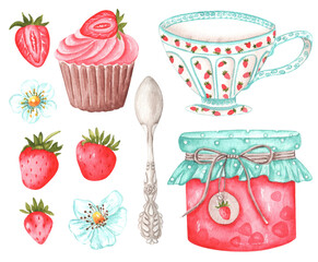 Strawberry dessert watercolor illustration set. Strawberries, flowers, strawberry jam, cake, cup, vintage spoon. Country style. Summer. Kitchen, cookbook. Illustrations isolated. For printing on cards