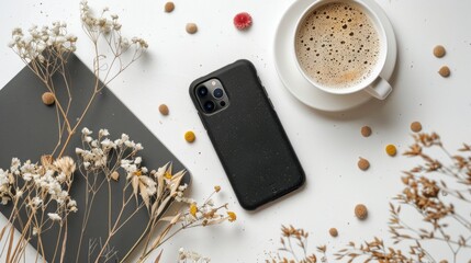 A black smartphone case with a camera lens cutout sits on a white table. Beside the case are a cup of coffee and dried flowers, adding a touch of natural beauty to the composition