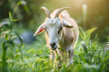 Fototapeta premium Adult goat eating grass in lush field