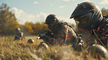 Paintball Players Strategizing in Field