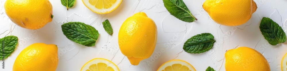 Wall mural Lemons and Mint on White Background