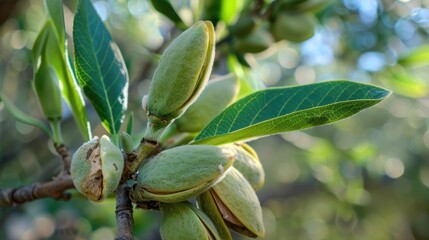 Almonds On Branch. Fresh Green Almonds with Tree Leaves and Branch