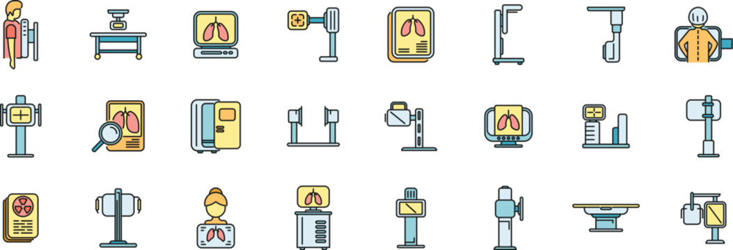 Fluorography icons set outline vector. Man lung. Health body thin line color flat on white