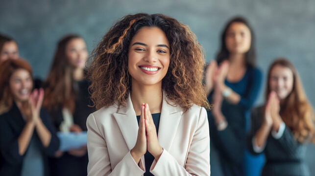 portrait of an smiling young business woman with curly hair standing in the center, surrounded by other women clapping and cheering her on, looking at camera