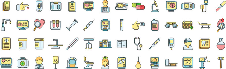 Medical examination icons set outline vector. Health check. Test medical thin line color flat on white