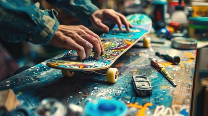 Close-up of hands assembling a customized skateboard on a messy, colorful workshop table. - Powered by Adobe