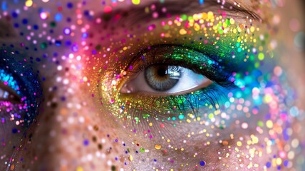 a woman with rainbow colored eyes and a green eye with multicolored glitter around her eyes