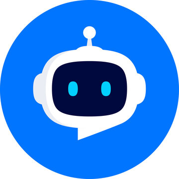 Robot head with speech bubble in blue circle on white background. Chat Bot logo design concept. Cute robot icon with speech bubble. Support service bot. Vector illustration