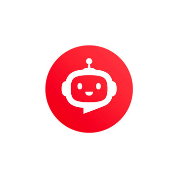 Robot head with speech bubble in red circle on white background. Chat Bot logo design concept. Cute robot icon with speech bubble. Support service bot. Vector illustration