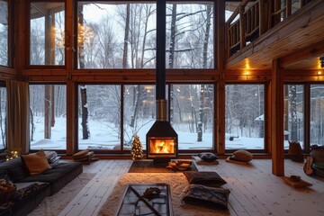 Snowy Windows. Cozy Wooden Interior with Views of Snowy Forest and Fireplace