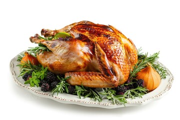Thanksgiving Turkey Cooked Isolated on White Background, Garnished with Rosemary and Blackberry