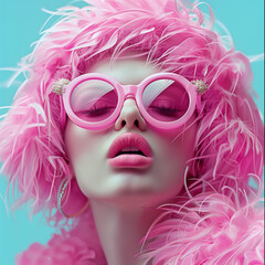 Obraz premium A woman wearing pink glasses and a pink hat with pink feathers