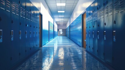 University Hallway. School Corridor with Metal Lockers and Exit Doors
