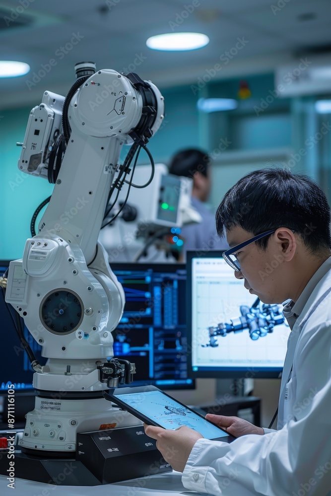 Poster engineer working with robotics and advanced technology in a laboratory setting