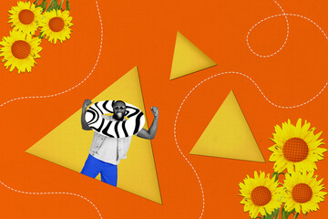 Composite trend artwork sketch image photo collage of orange color space young man summer season rest wear floating ring sunflower nature