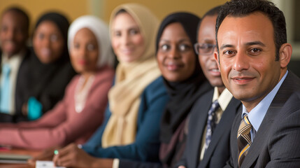 A diverse group of business people are smiling at the camera in a conference room. including an African American man and woman  with hijabs, sitting at a table together for a training class