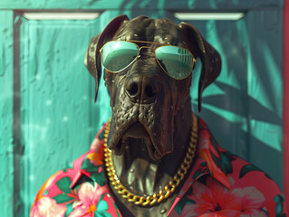 Fototapeta premium Photorealistic, miami vice style, Great Dane, sunglasses, floral shirt, gold chain Great Dane dog walking outdoor
