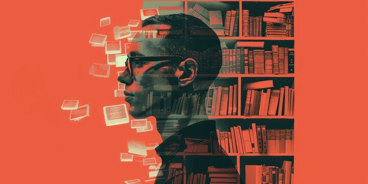 A man wearing glasses is reading a book in a library. AIGZ01