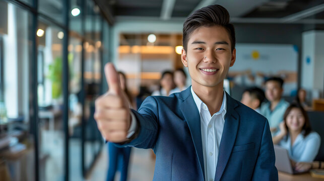 handsome Asian businessman is giving a thumbs up in the office, smiling at the camera with a group of people behind him