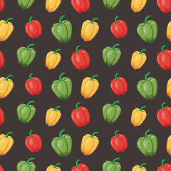 Seamless pattern with bell peppers on a dark background. Vector illustration