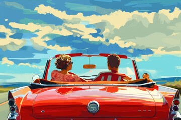 Driving Convertible. Man and Woman in Convertible Car on a Road Trip Adventure